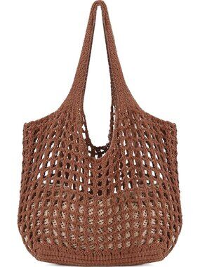 Women's Dark Brown Crochet Mesh Tote Bag Shoulder Lightweight Shopping Handbag